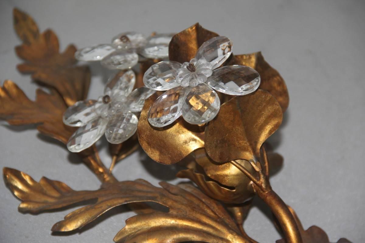 Gilt Metal Pair of Sculpture Metal Sconces Crystal Design, 1950s, French For Sale