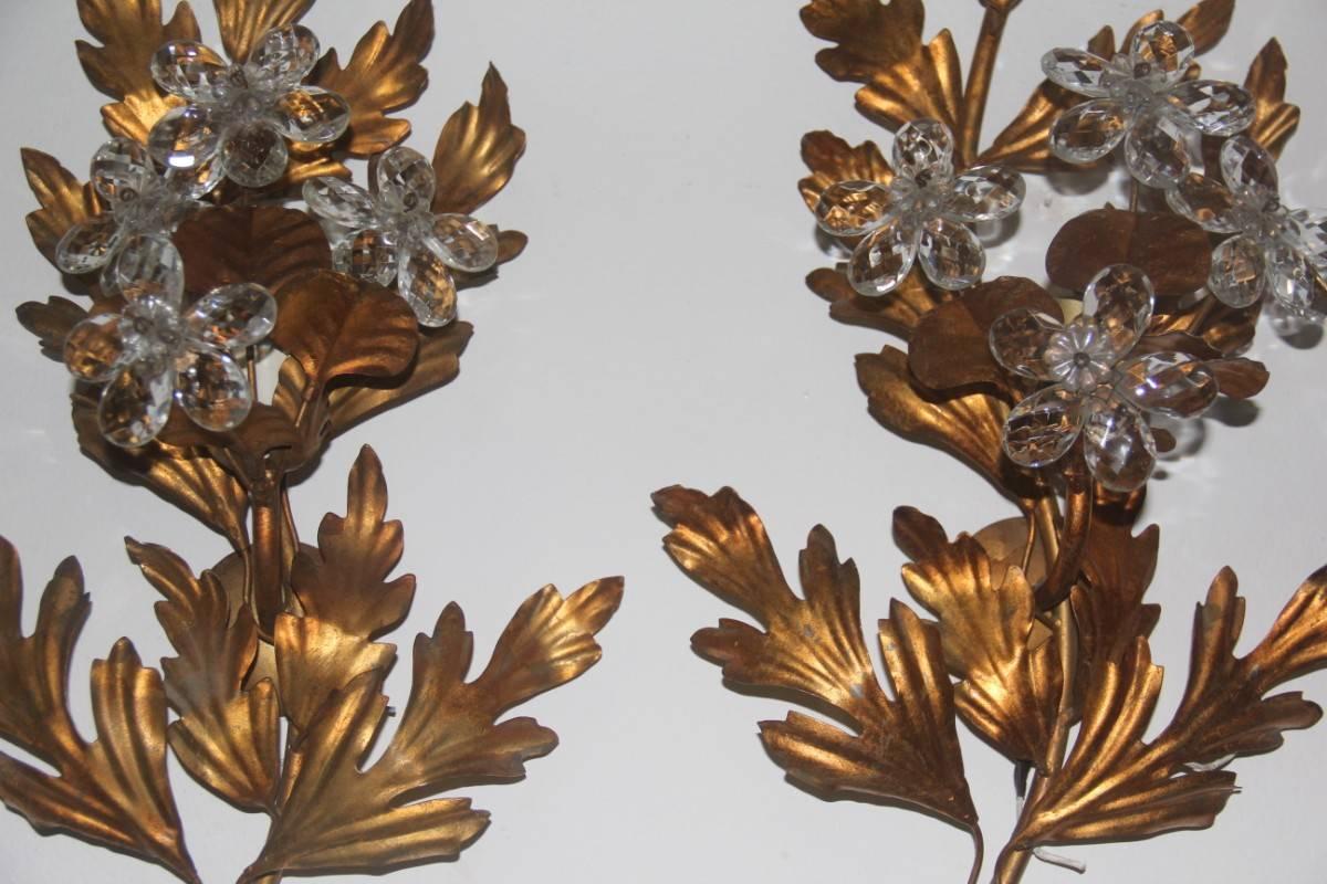 Pair of Sculpture Metal Sconces Crystal Design, 1950s, French For Sale 3