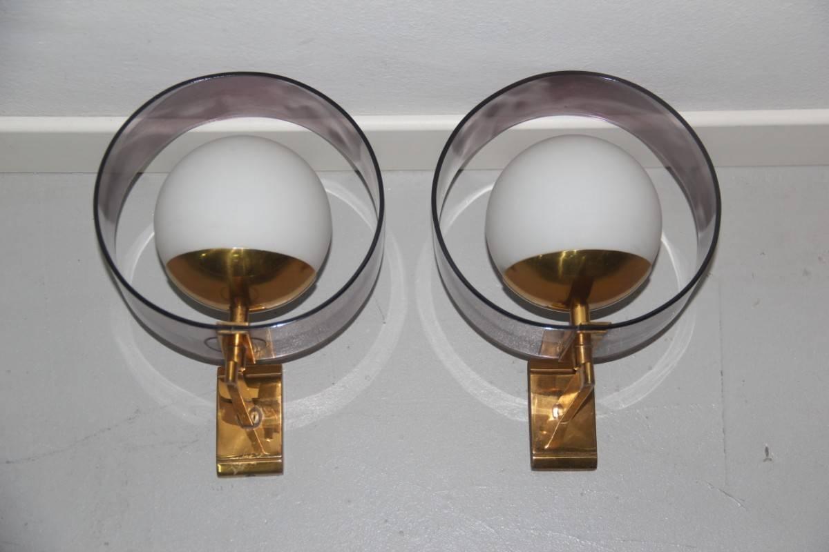Mid-20th Century Pair of Stilux Wall Sconces  Plexiglass Brass Glass Mid-Century Modern  For Sale