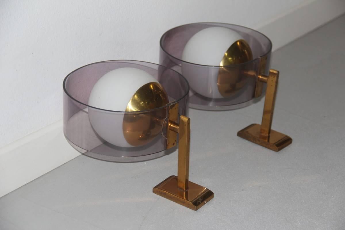 Italian Pair of Stilux Wall Sconces  Plexiglass Brass Glass Mid-Century Modern  For Sale