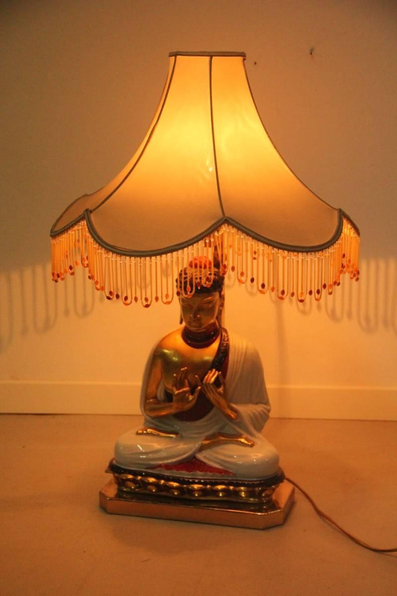 Lamp With Buddha Italian Design Porcelain, 1970 Fabric Dome Gold  In Good Condition For Sale In Palermo, Sicily