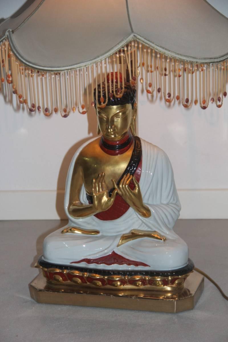 Late 20th Century Lamp With Buddha Italian Design Porcelain, 1970 Fabric Dome Gold  For Sale