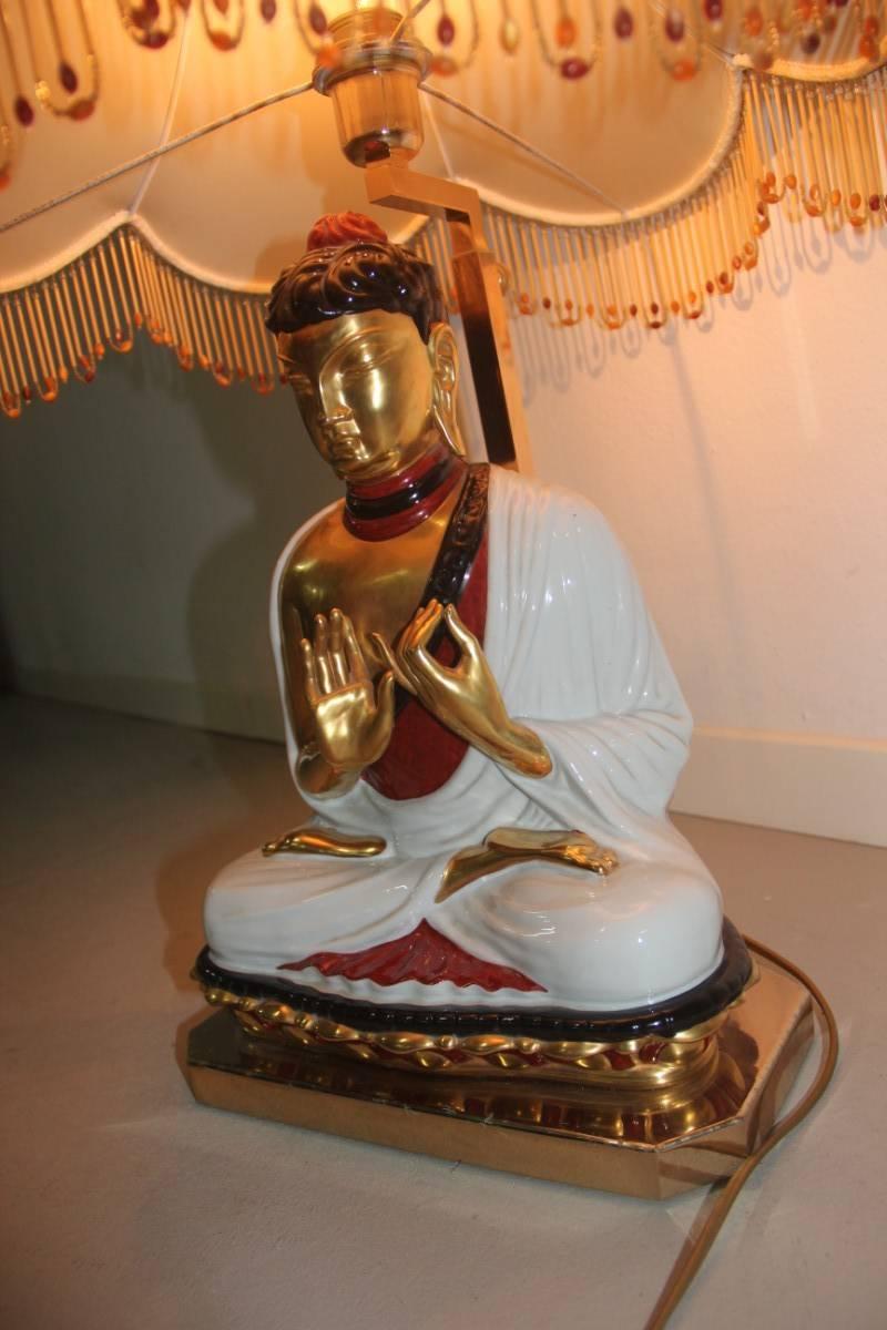 Lampe avec Bouddha Design italien Porcelaine, 1970 Dôme en tissu Or en vente 1