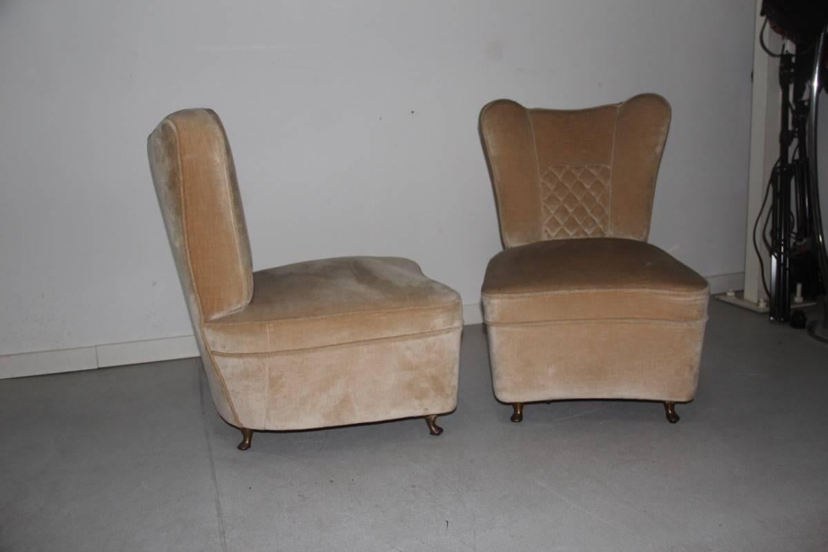Italian Pair of Small Armchairs in Velvet and Brass Attributed Guglielmo Ulrich