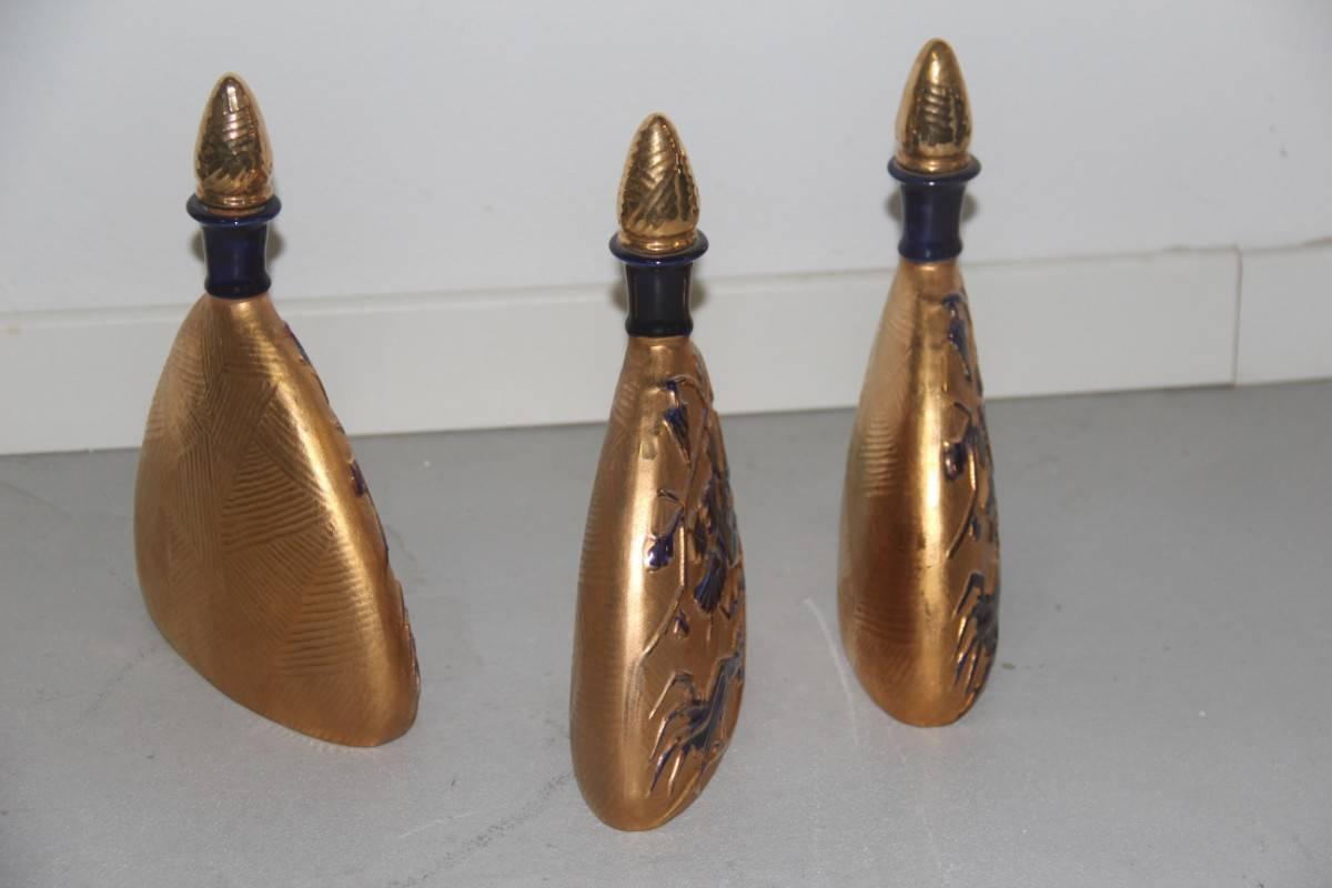 Bottles of 1950 Ceramic with Shiny Gold and Cobalt Blue In Excellent Condition In Palermo, Sicily