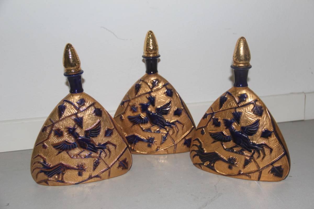 Bottles of 1950, ceramic with shiny gold and cobalt blue, Italian, Mid-Century design.