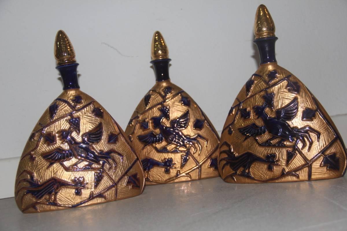 Mid-20th Century Bottles of 1950 Ceramic with Shiny Gold and Cobalt Blue