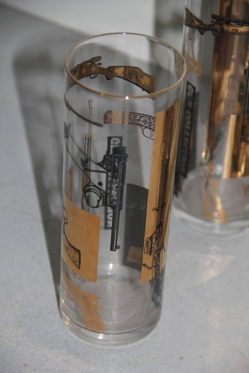 Italian Set of Whisky Glasses, 1950 Guns Attributed to Fornasetti