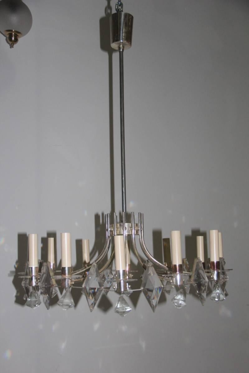 Chandelier looks like a crown, 1960, chromed metal with crystals and perpex, design attributable to the manufacture of Sciolari.