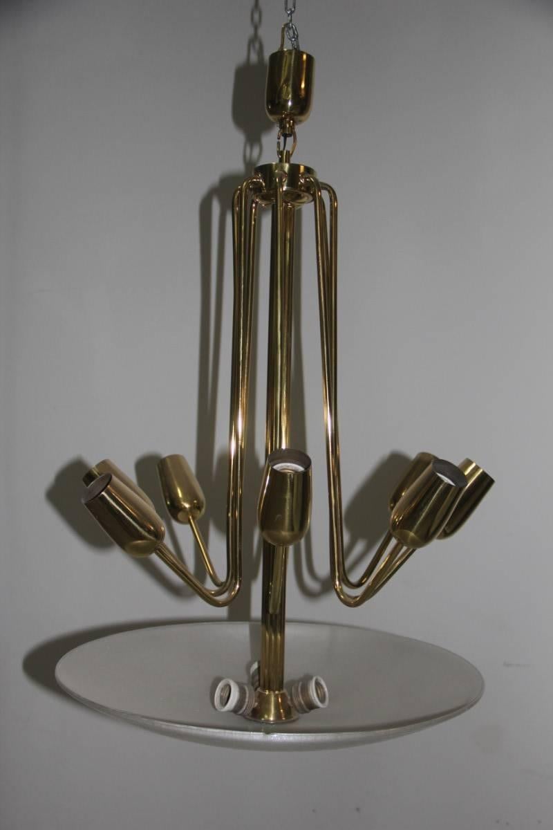 Mid-20th Century Mid-Century Italian Chandelier Brass and Glass Pulegoso, 1950s For Sale