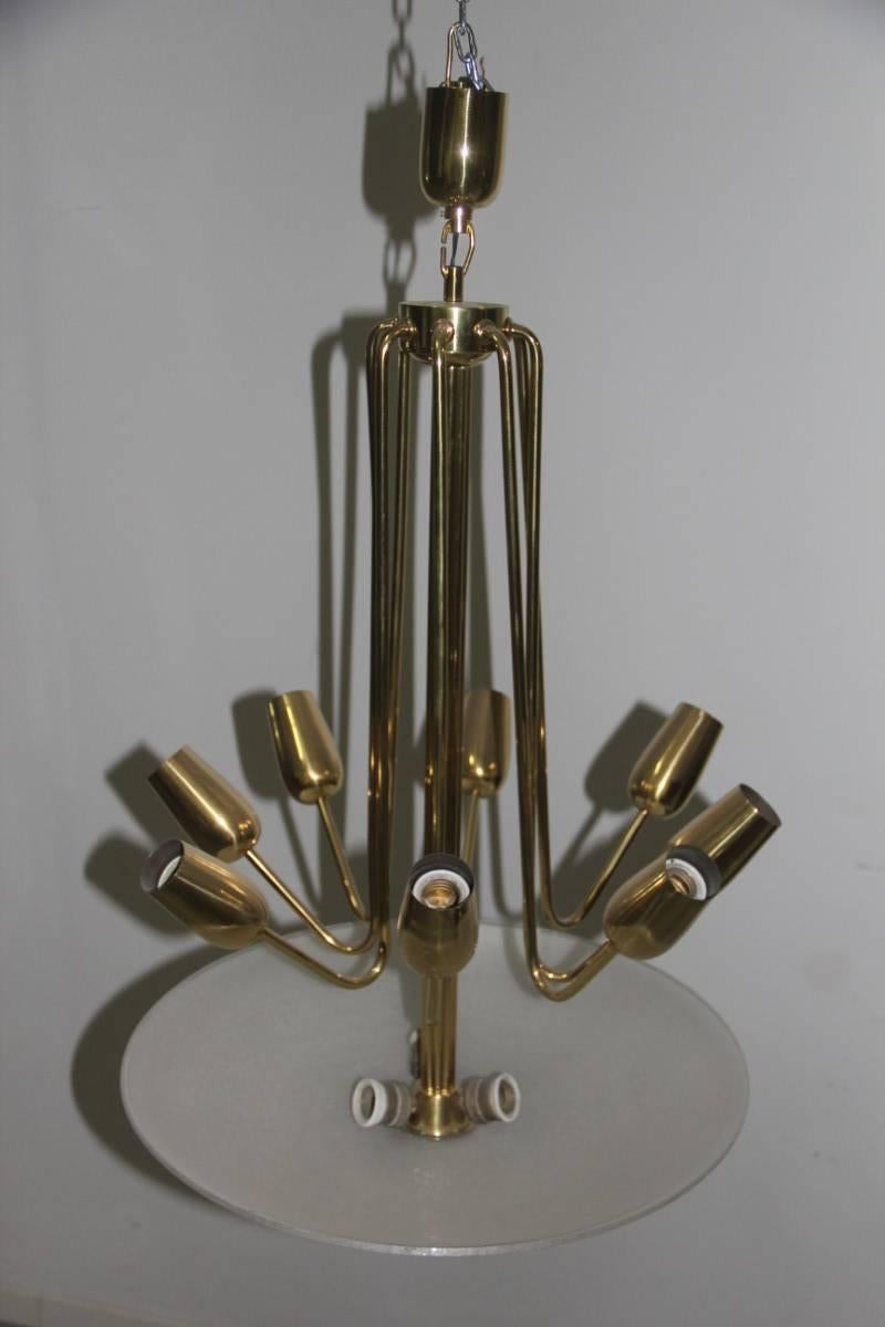 Mid-Century Italian Chandelier Brass and Glass Pulegoso, 1950s For Sale 1