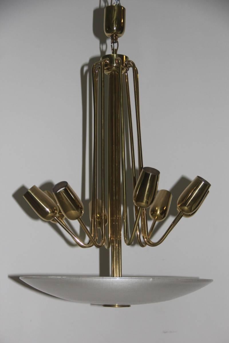 Mid-Century Italian Chandelier Brass and Glass Pulegoso, 1950s In Excellent Condition For Sale In Palermo, Sicily