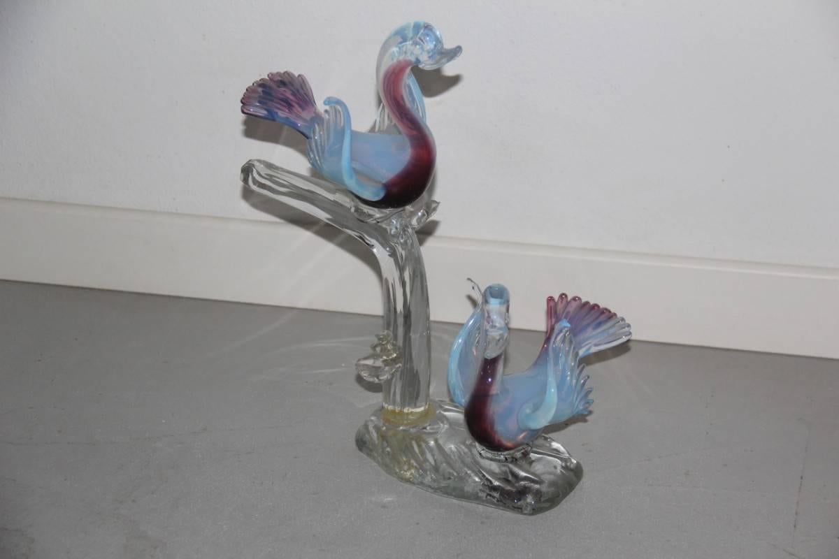 Mid-Century Modern Iridescent Glass Sculpture Swans, 1950s Attributed Seguso Design For Sale