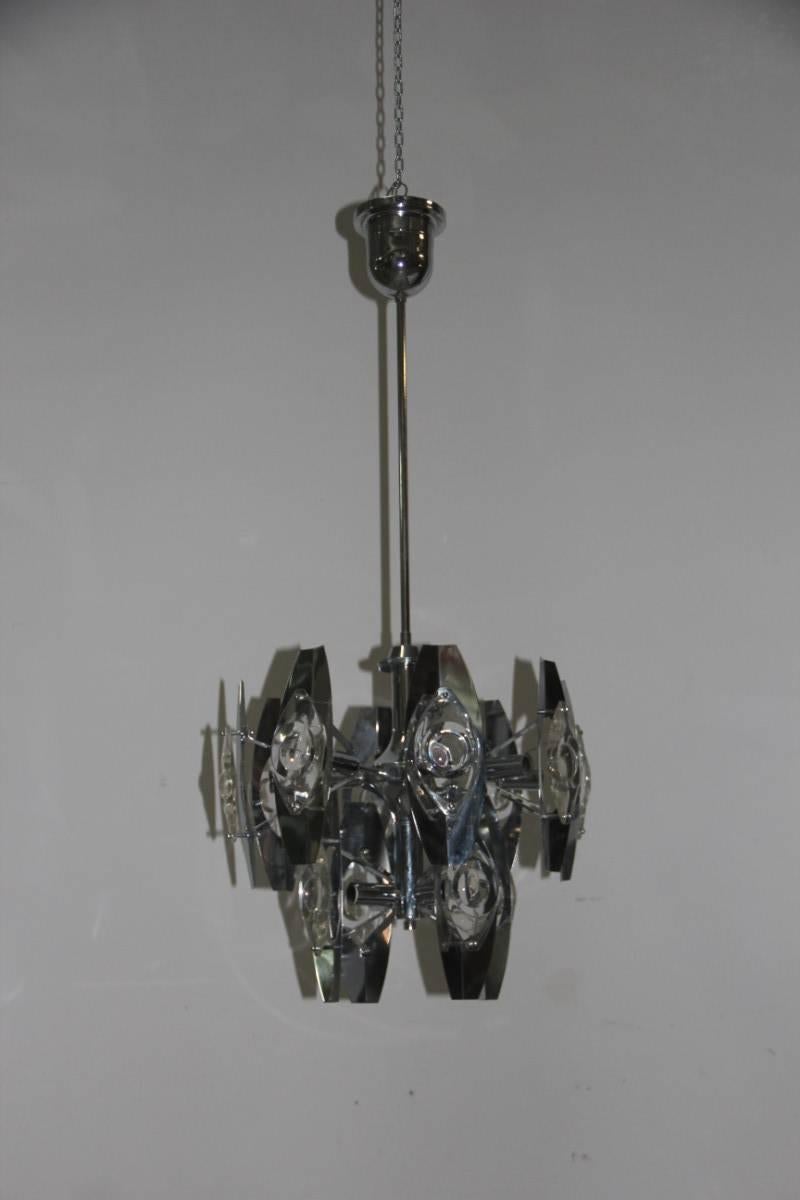 Mid-Century Modern Esperia Sculpture Chandelier Steel and Glass, 1970s For Sale