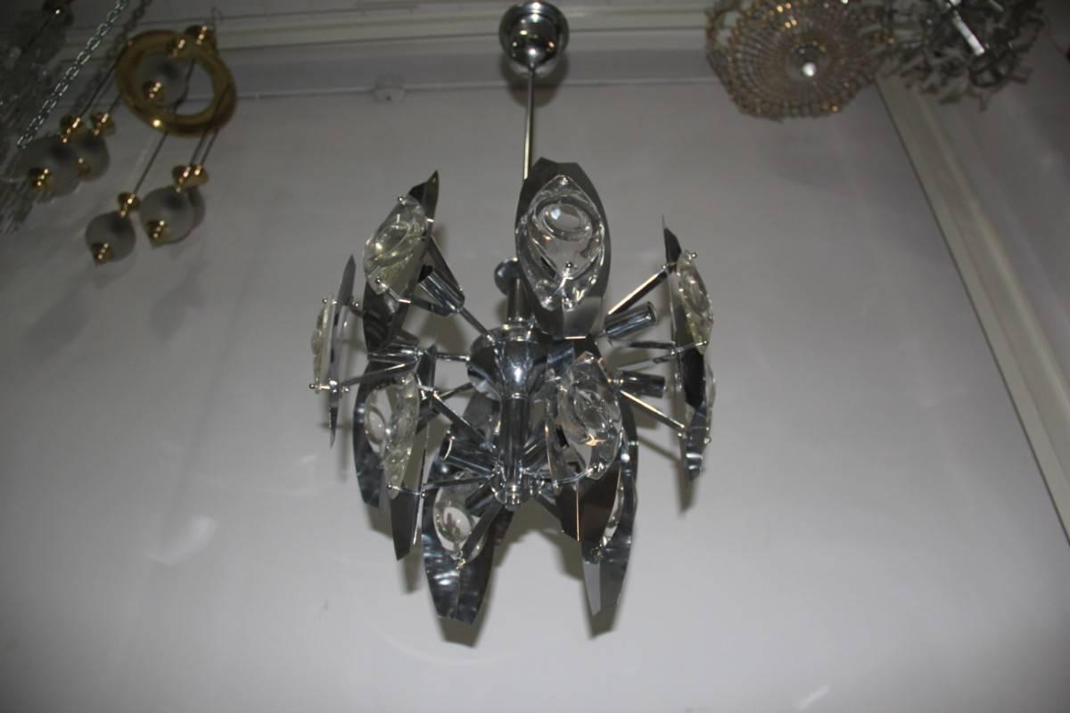 Esperia Sculpture Chandelier Steel and Glass, 1970s For Sale 2
