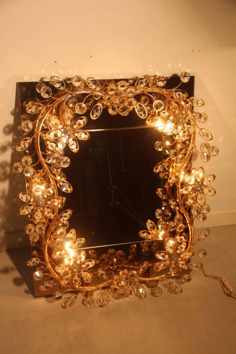 Late 20th Century Cristall Wall Mirror Design Sciolari Roma, 1970s Gold Brass Classic  For Sale