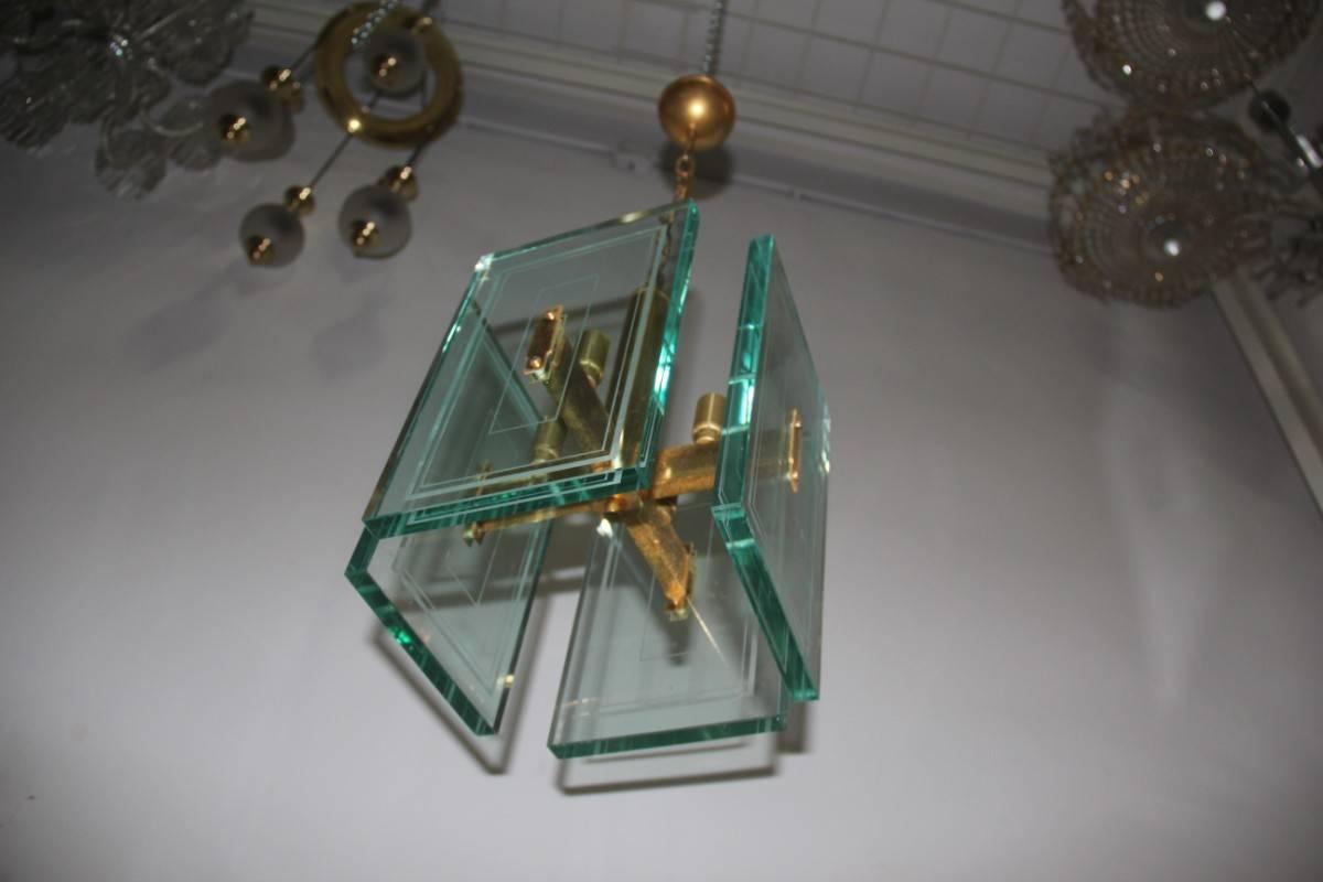 Mid-Century Modern Chandelier Large Sheets of Glass Worked 1950s Lantern For Sale