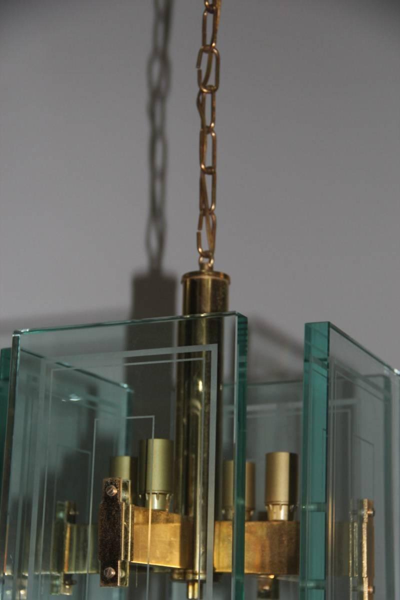 Laiton Lustre Grandes Feuilles de Verre Travaillées Lanterne des années 50 en vente