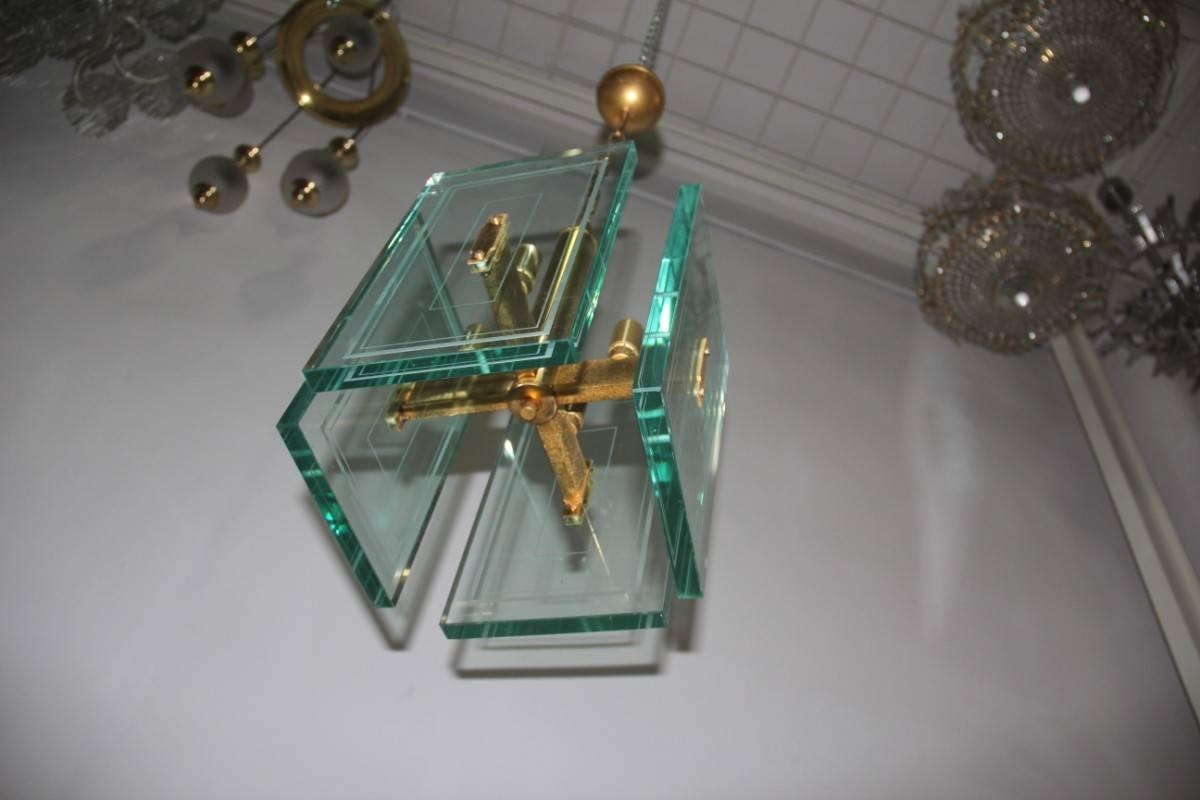 Mid-20th Century Chandelier Large Sheets of Glass Worked 1950s Lantern For Sale