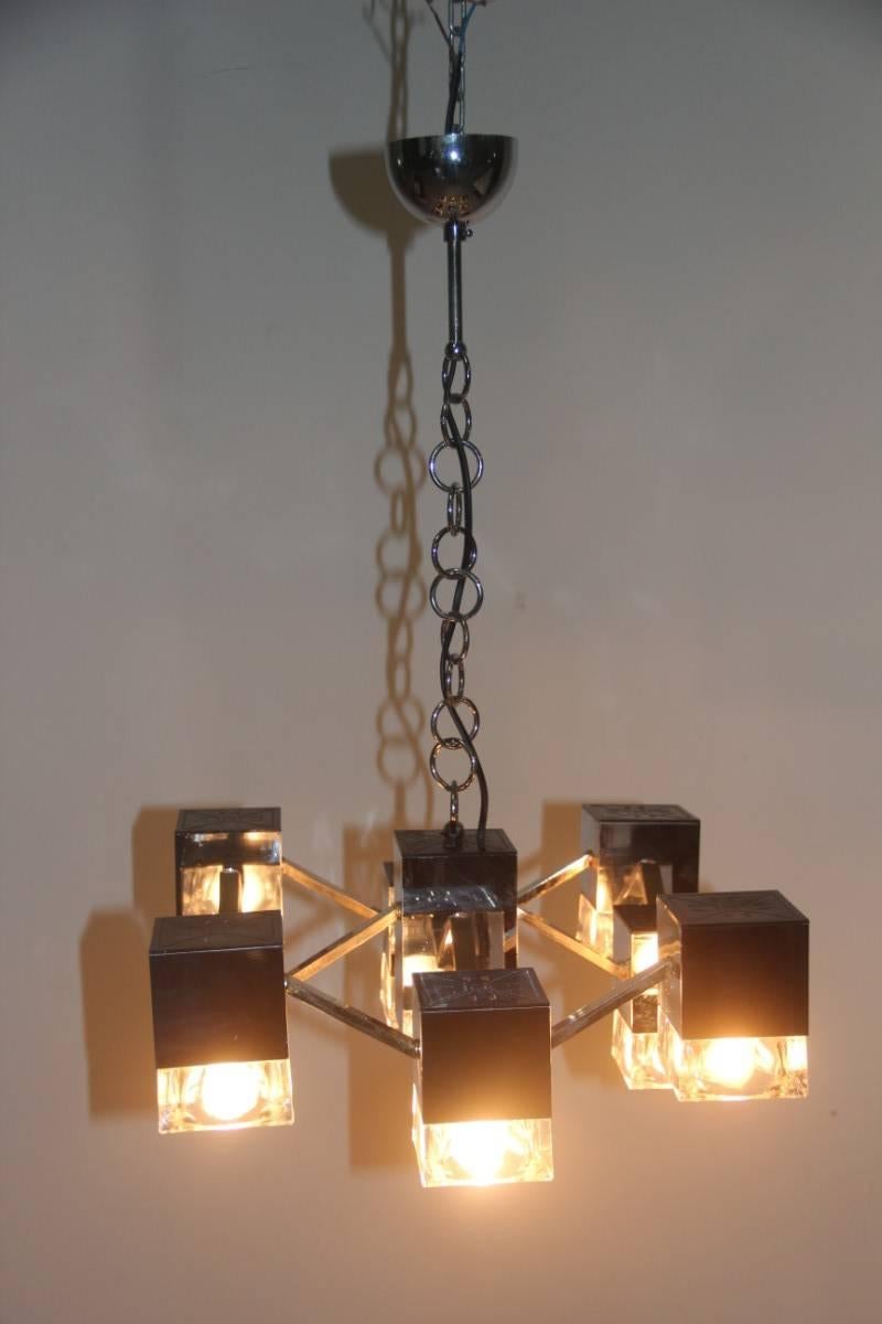 Minimal sculpture ceiling lamp Sciolari design Italian design 1970s, metal chrome brass and Murano cubic glass, very special design.