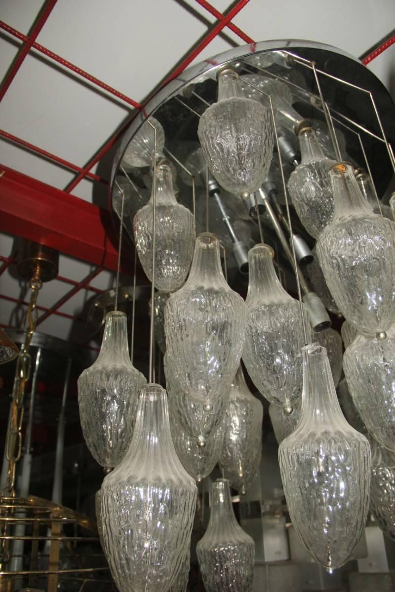 Steel Murano Glass Chandelier Pendants Attributed Venini Design For Sale