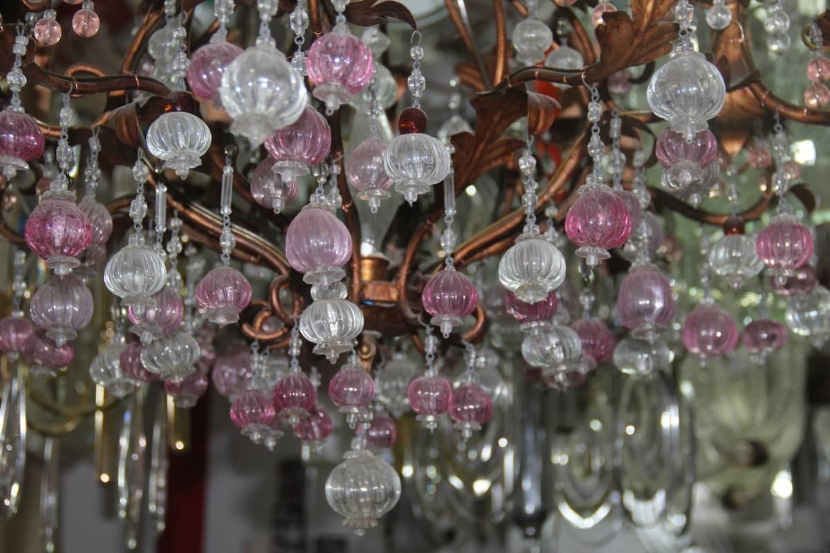 Large Chandelier in Gilded Metal Structure with Murano Glass, 1950s In Excellent Condition For Sale In Palermo, Sicily