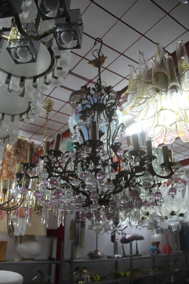 Gilt Metal Large Chandelier in Gilded Metal Structure with Murano Glass, 1950s For Sale