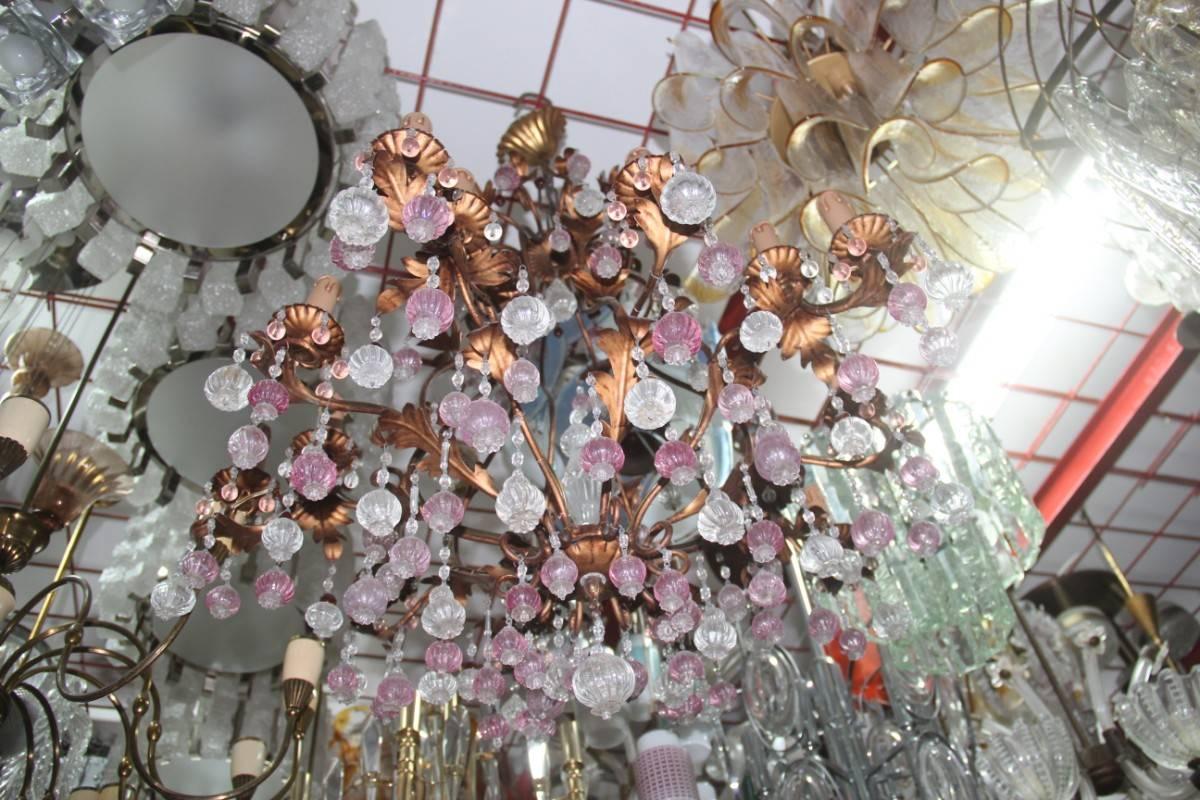 Large Chandelier in Gilded Metal Structure with Murano Glass, 1950s For Sale 1