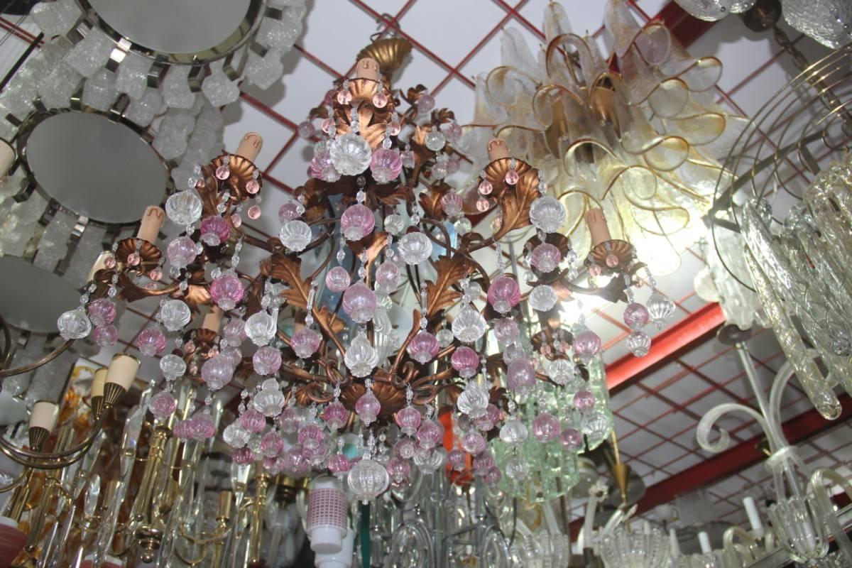 Large Chandelier in Gilded Metal Structure with Murano Glass, 1950s For Sale 2