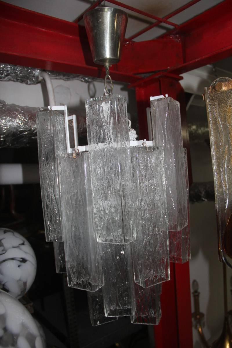 Murano art glass chandelier 1970, rectangular cross-section glass, etched glass type wrinkled, likely Mazzega design.