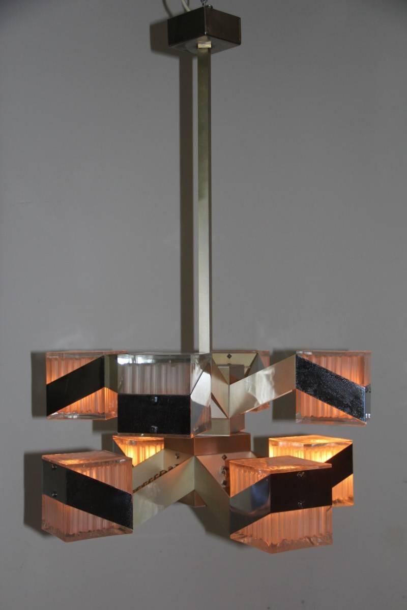 Cubic modernist minimal chandelier 1970s design, Italian manufacture, glass cubes quite often, a whole presents a line from the top, see photo.