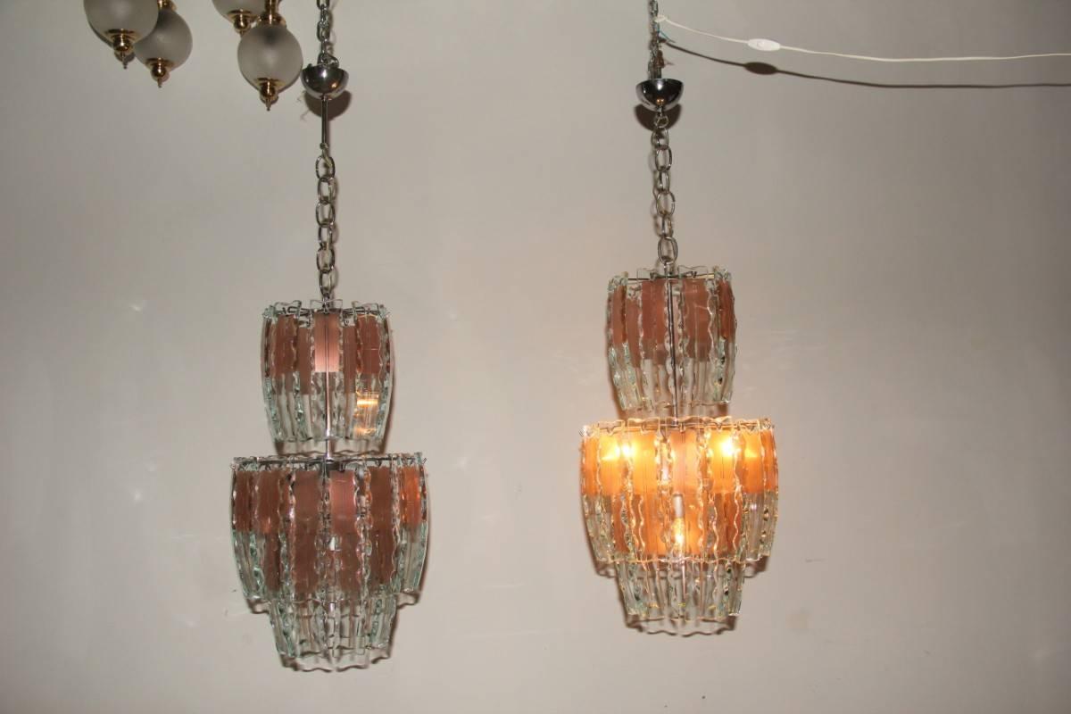 Mid-Century Modern Pair of Chandelier Curved Glass, 1970s, Crystall, Steel, Italian Design Chipped For Sale