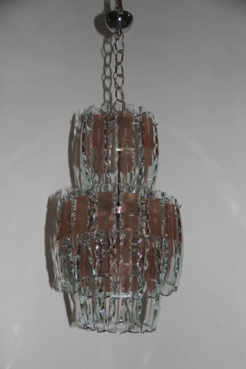 Late 20th Century Pair of Chandelier Curved Glass, 1970s, Crystall, Steel, Italian Design Chipped For Sale
