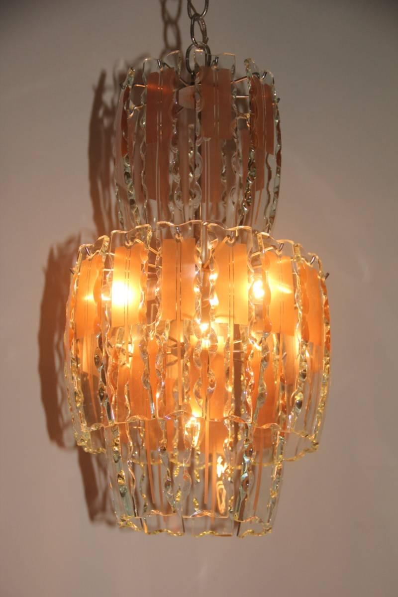 Pair of Chandelier Curved Glass, 1970s, Crystall, Steel, Italian Design Chipped For Sale 1