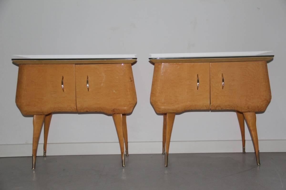 Mid-Century Modern Nightstands Maple Brass Parts with Colored Glass Italian, Design 1960s For Sale