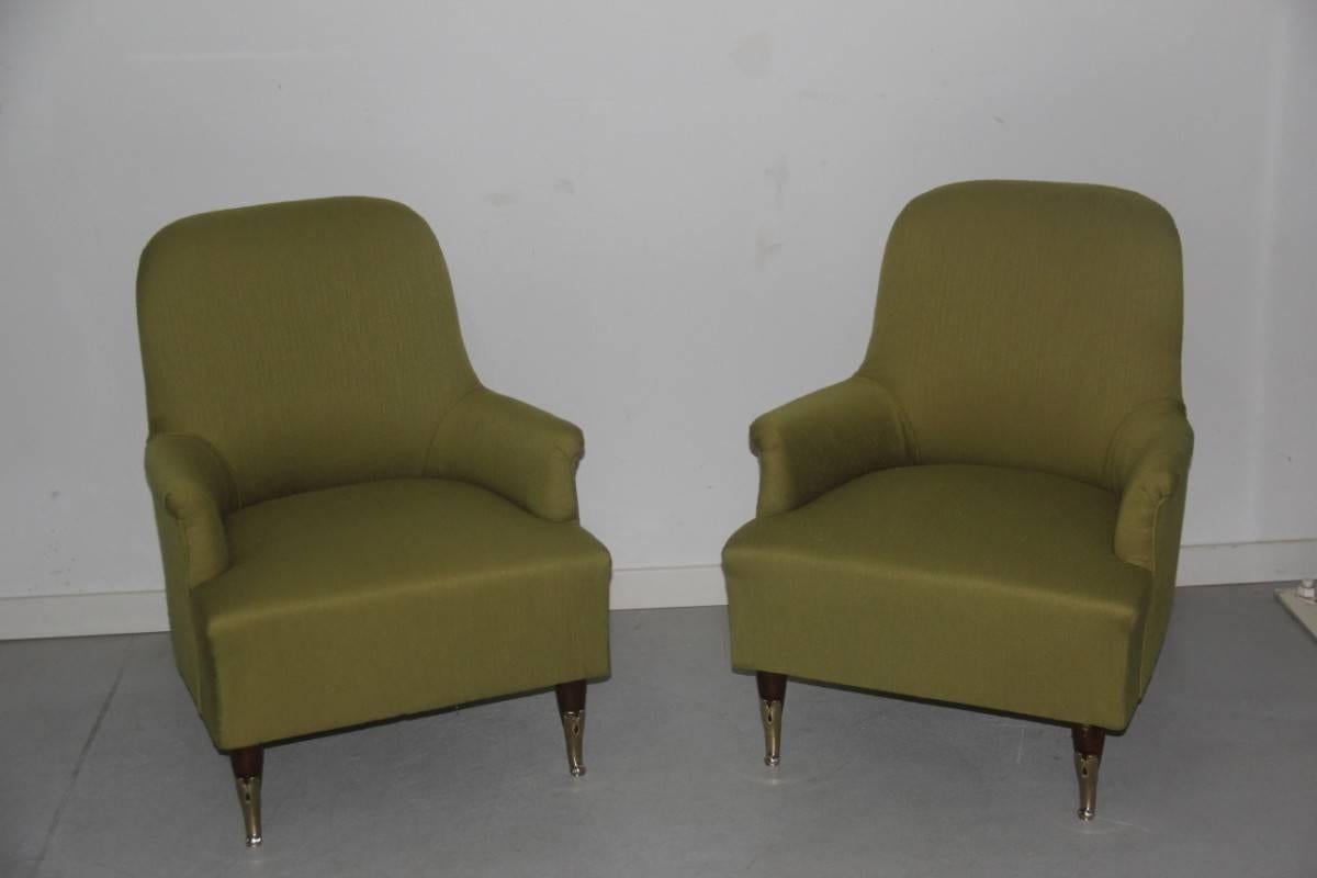 Pair of Armchairs Mid-Century Modern Italian Design, 1950s Green Brass Feet Wood In Excellent Condition For Sale In Palermo, Sicily