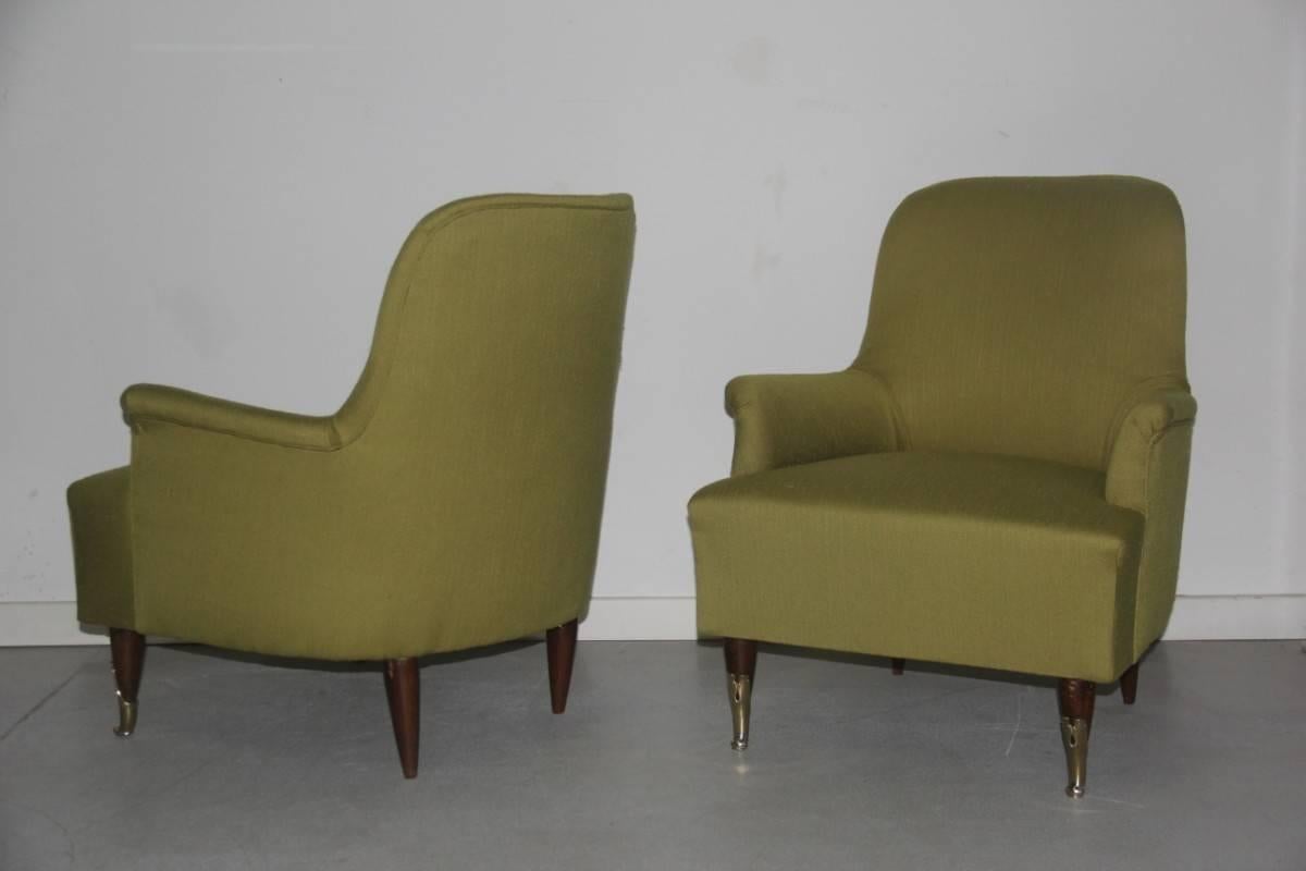Mid-20th Century Pair of Armchairs Mid-Century Modern Italian Design, 1950s Green Brass Feet Wood For Sale