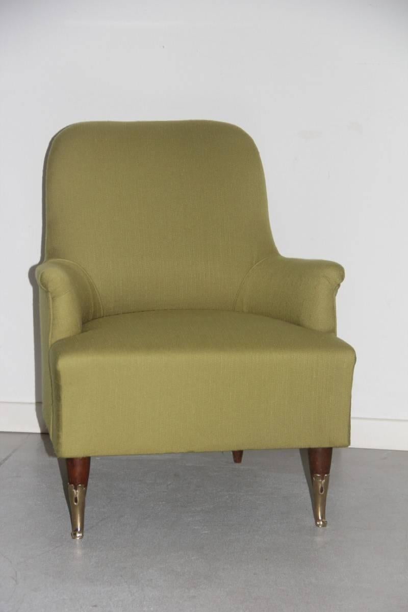 Pair of Armchairs Mid-Century Modern Italian Design, 1950s Green Brass Feet Wood For Sale 2