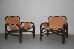 Pair  Leather Safari Armchairs and Rattan Bonacina Attributed Tito Agnoli