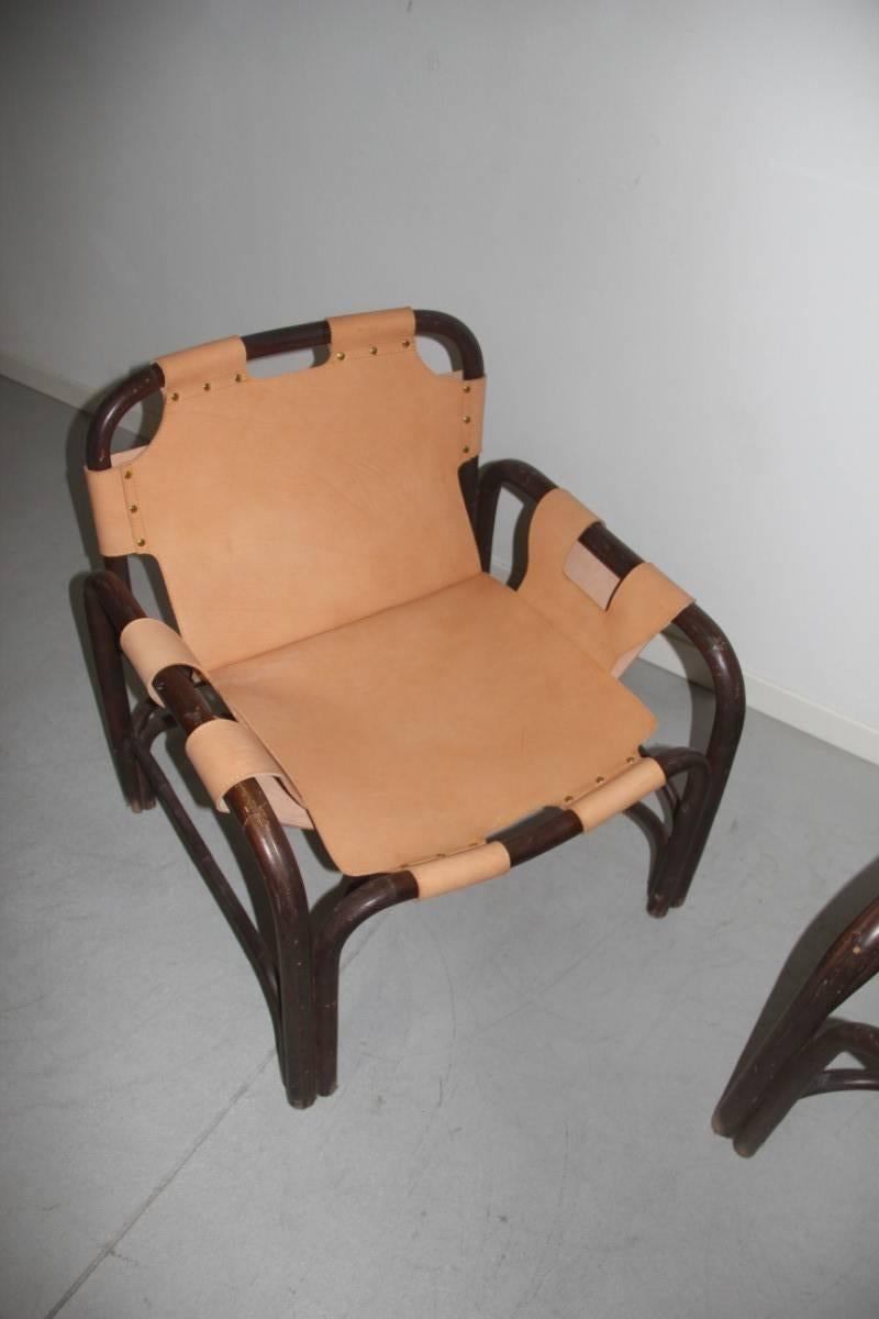 Italian Pair  Leather Safari Armchairs and Rattan Bonacina Attributed Tito Agnoli For Sale