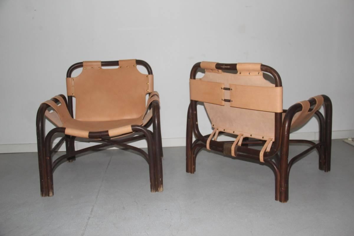 Pair  Leather Safari Armchairs and Rattan Bonacina Attributed Tito Agnoli For Sale 1