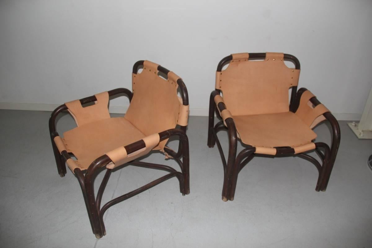 Pair  Leather Safari Armchairs and Rattan Bonacina Attributed Tito Agnoli In Good Condition For Sale In Palermo, Sicily