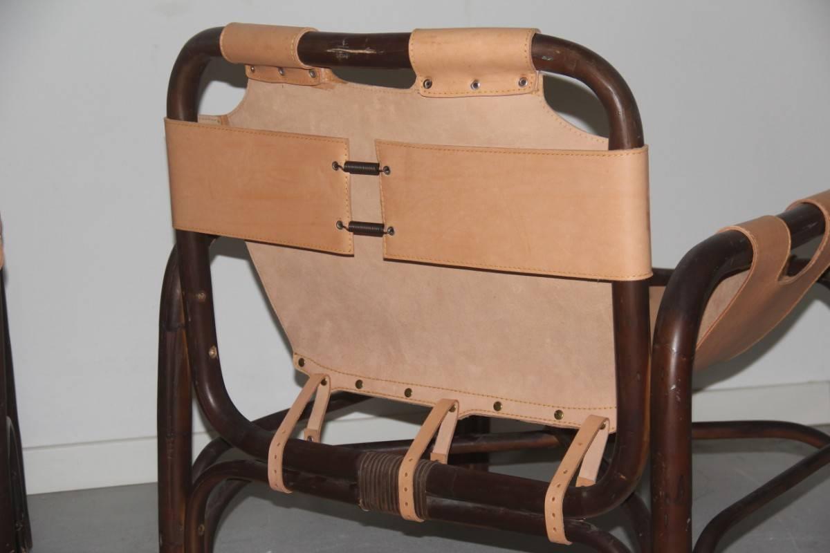 Mid-20th Century Pair  Leather Safari Armchairs and Rattan Bonacina Attributed Tito Agnoli For Sale