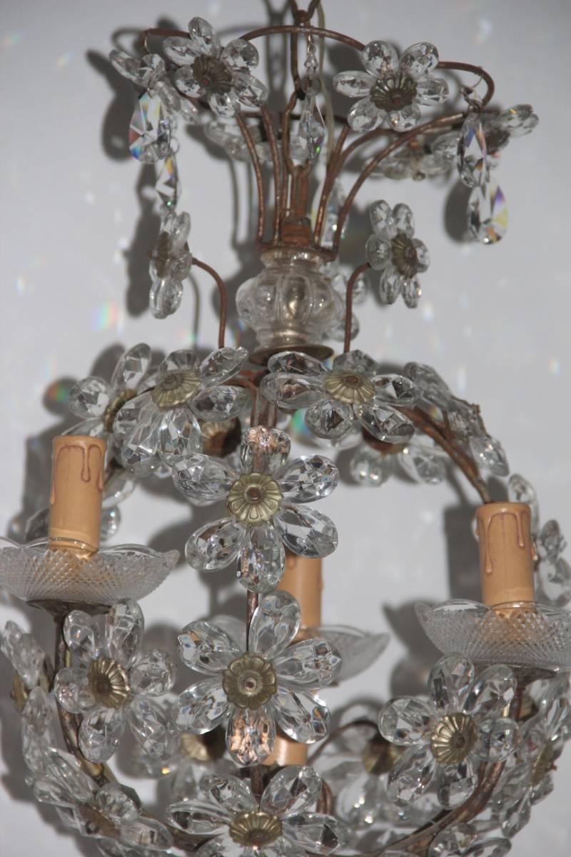 Metal Round Lantern Chandeliers French 1950s Mid-Century Crystal Maison Jansen Style For Sale