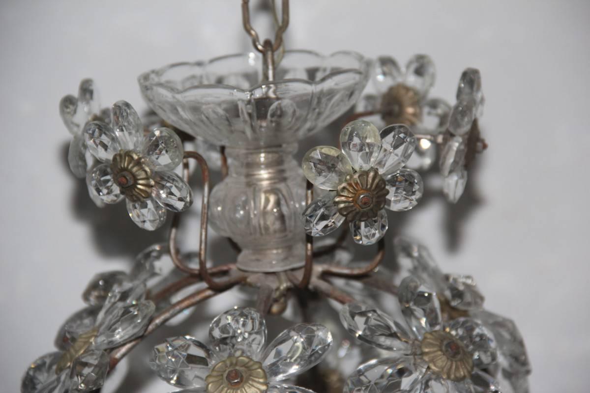 Round Lantern Chandeliers French 1950s mid-century crystal Maison Jansen style 
Forged metal frame with flowers-shaped crystals, details of its kind.