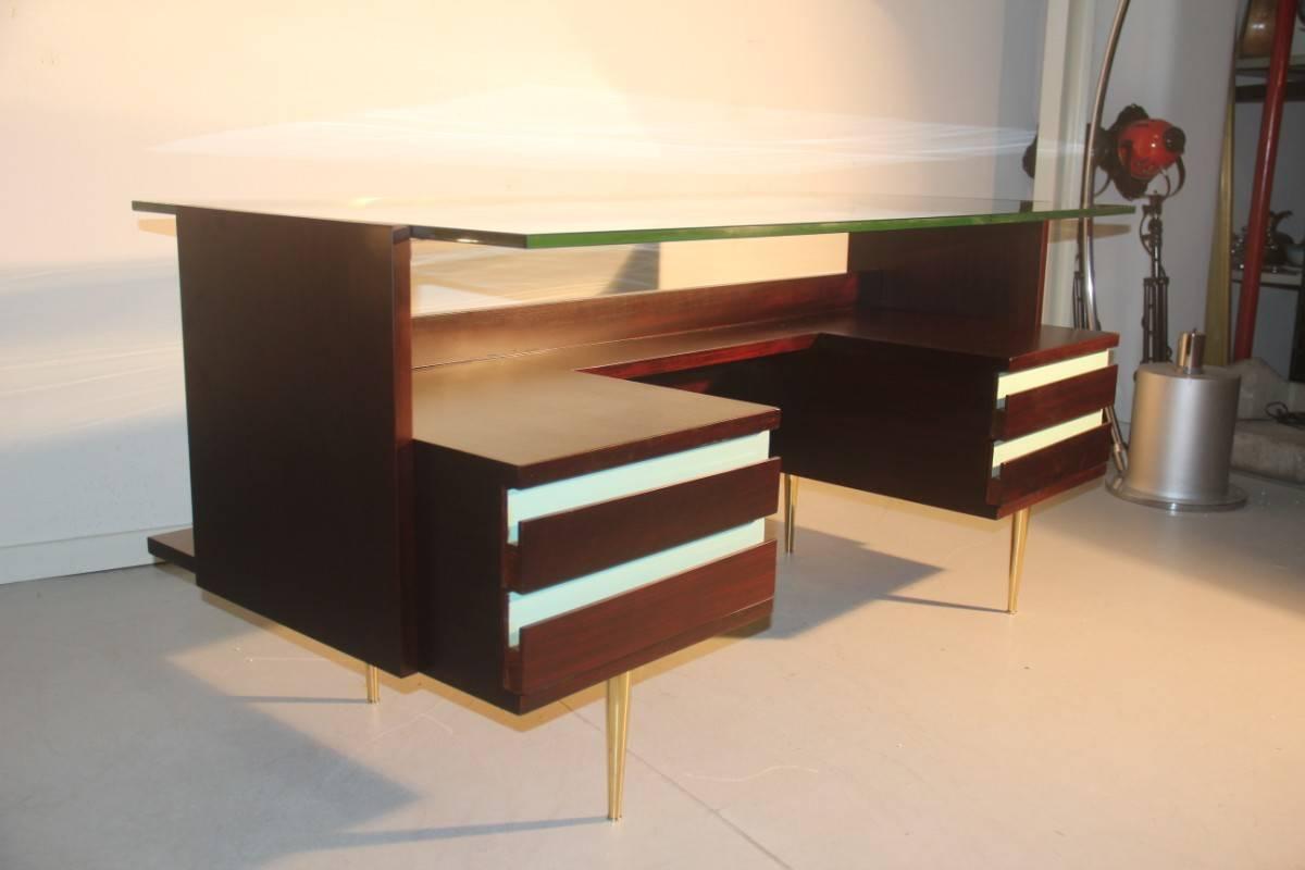 Desks Mid-Century Modern Brass Mahogany Laminate 1950 Italian Design  4