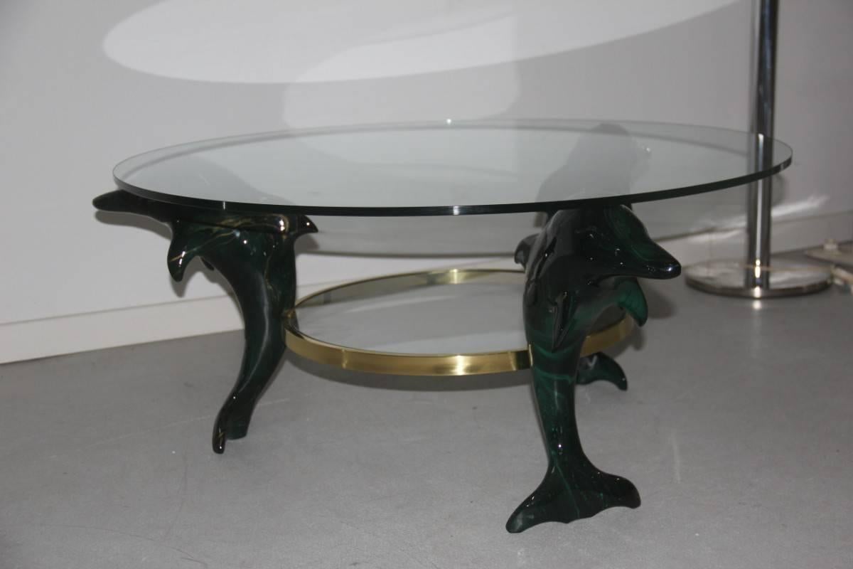 Mid-Century Modern Italian Dolphins Coffee Table 1970, Wood Lacquered Green , brass , Glass Round  For Sale