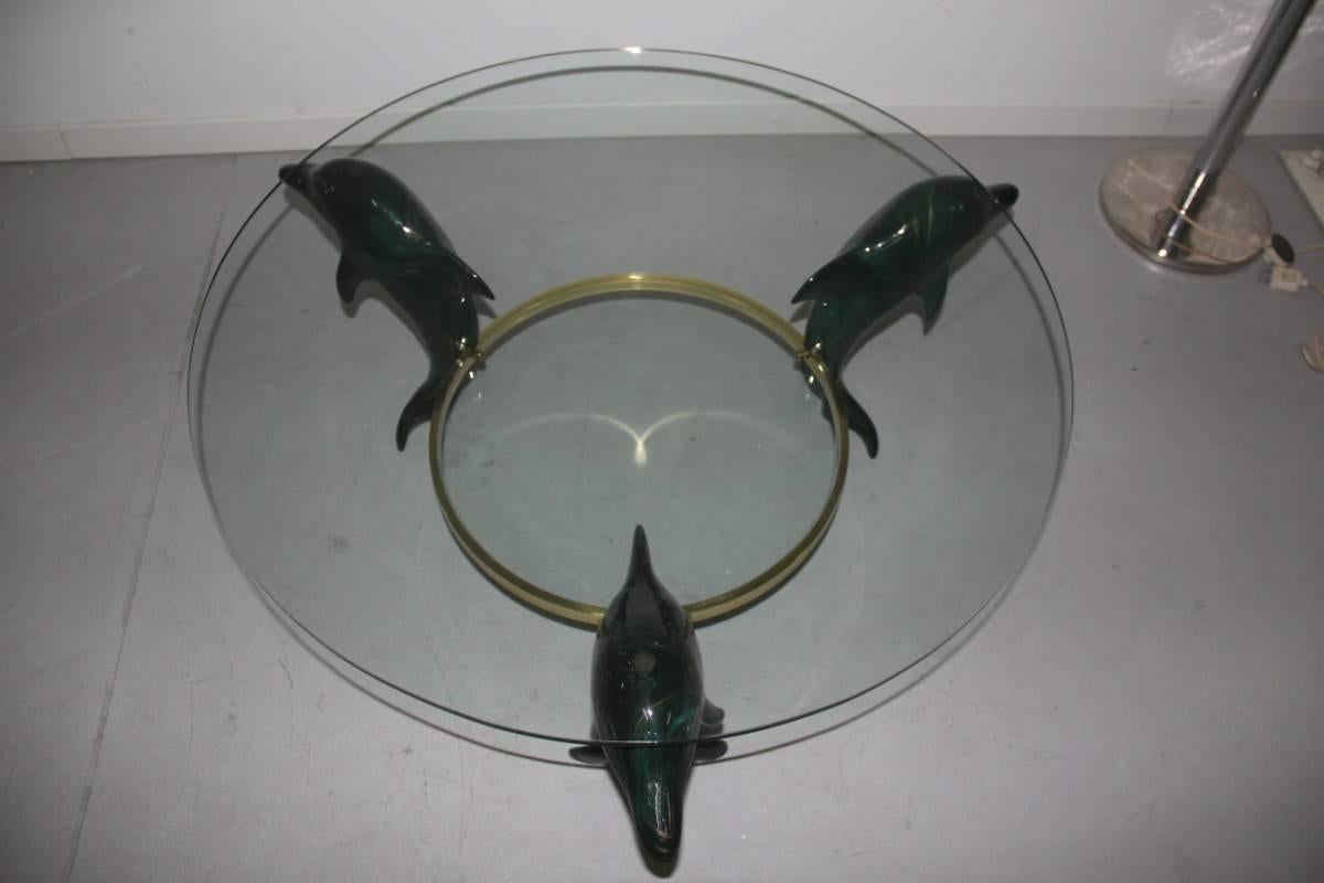 Italian Dolphins Coffee Table 1970, Wood Lacquered Green , brass , Glass Round  In Good Condition For Sale In Palermo, Sicily