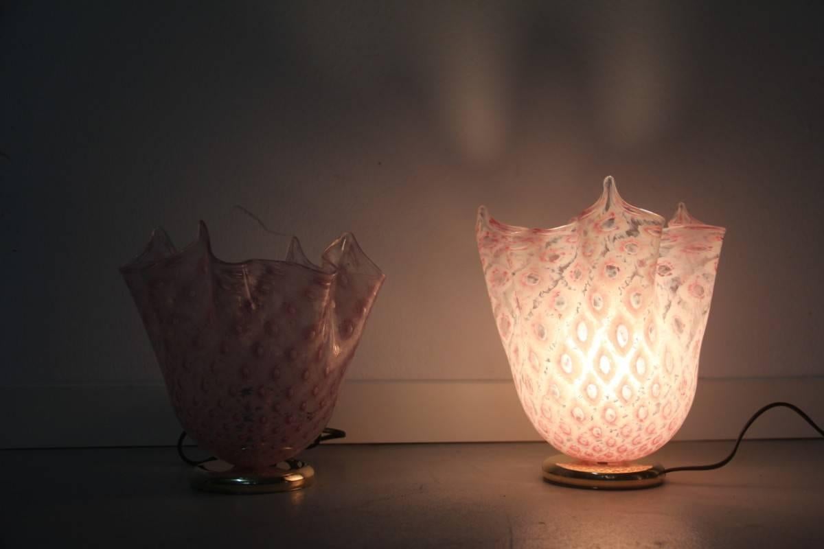 Pair of handkerchief lamps Murano, 1970 VeArt, brass and Murano art glass.

Pink color murrina glass.