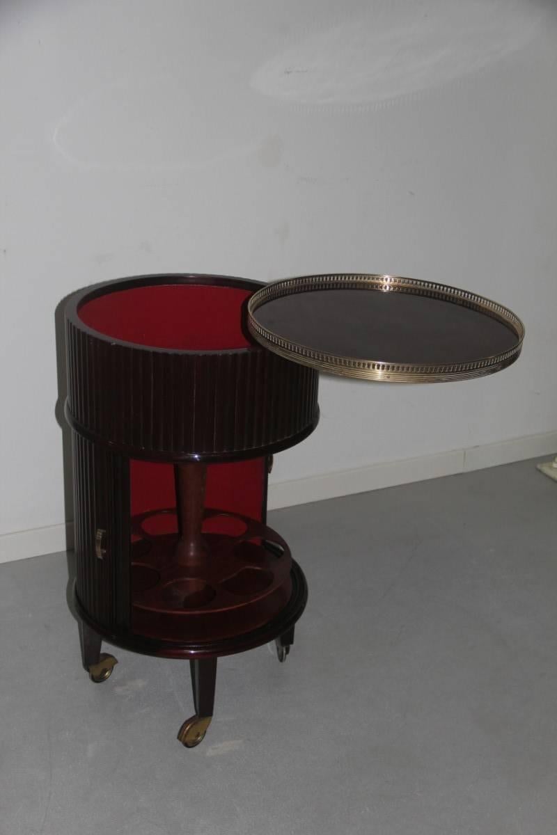 Bar Trolley Swivel  Italian Design, 1960 Mahogany Woos Round Brass Midcentury  In Good Condition For Sale In Palermo, Sicily